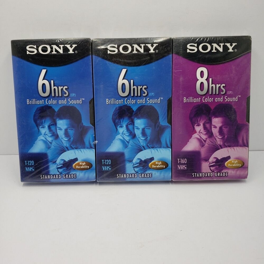 Lot of 3 New Sealed Sony VHS Tapes Blank Videocassette 6hr 8hr T-120 T-160